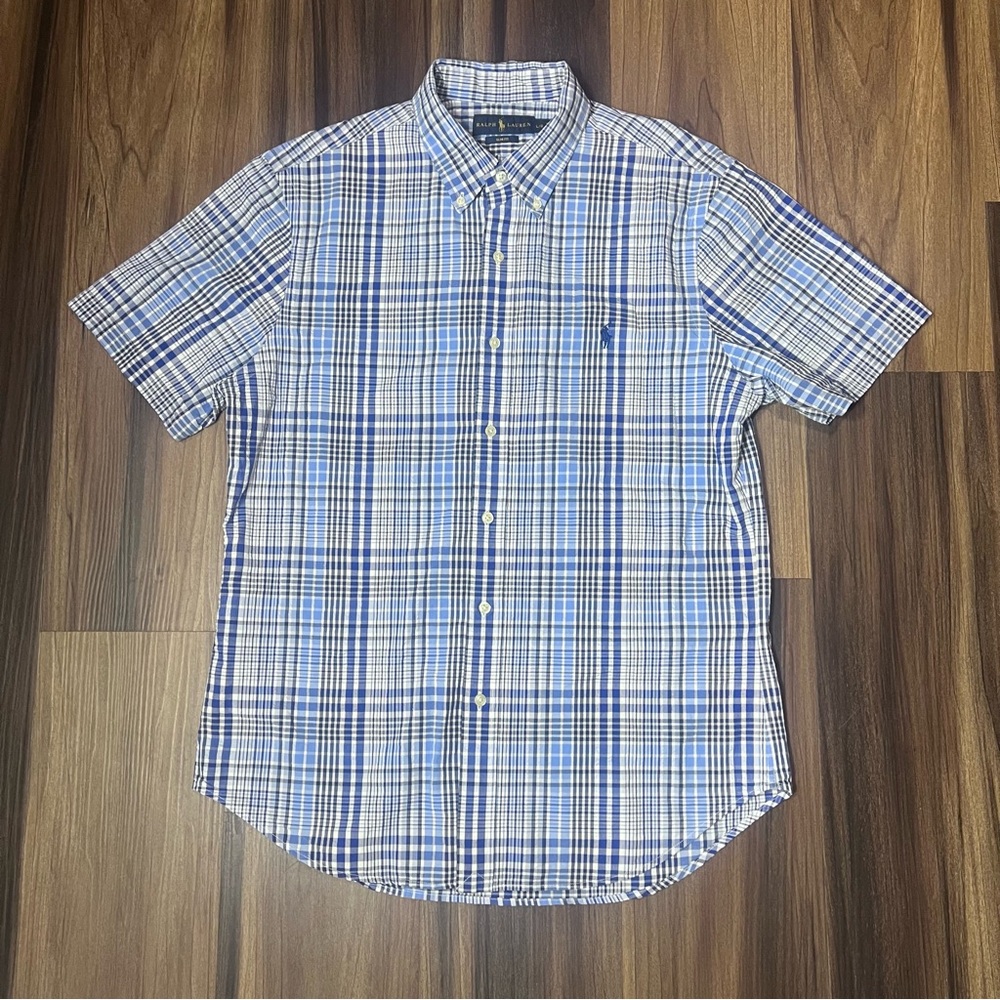 Ralph Lauren Shirt Mens LG Slim Fit Plaid Blue Button Down Polo